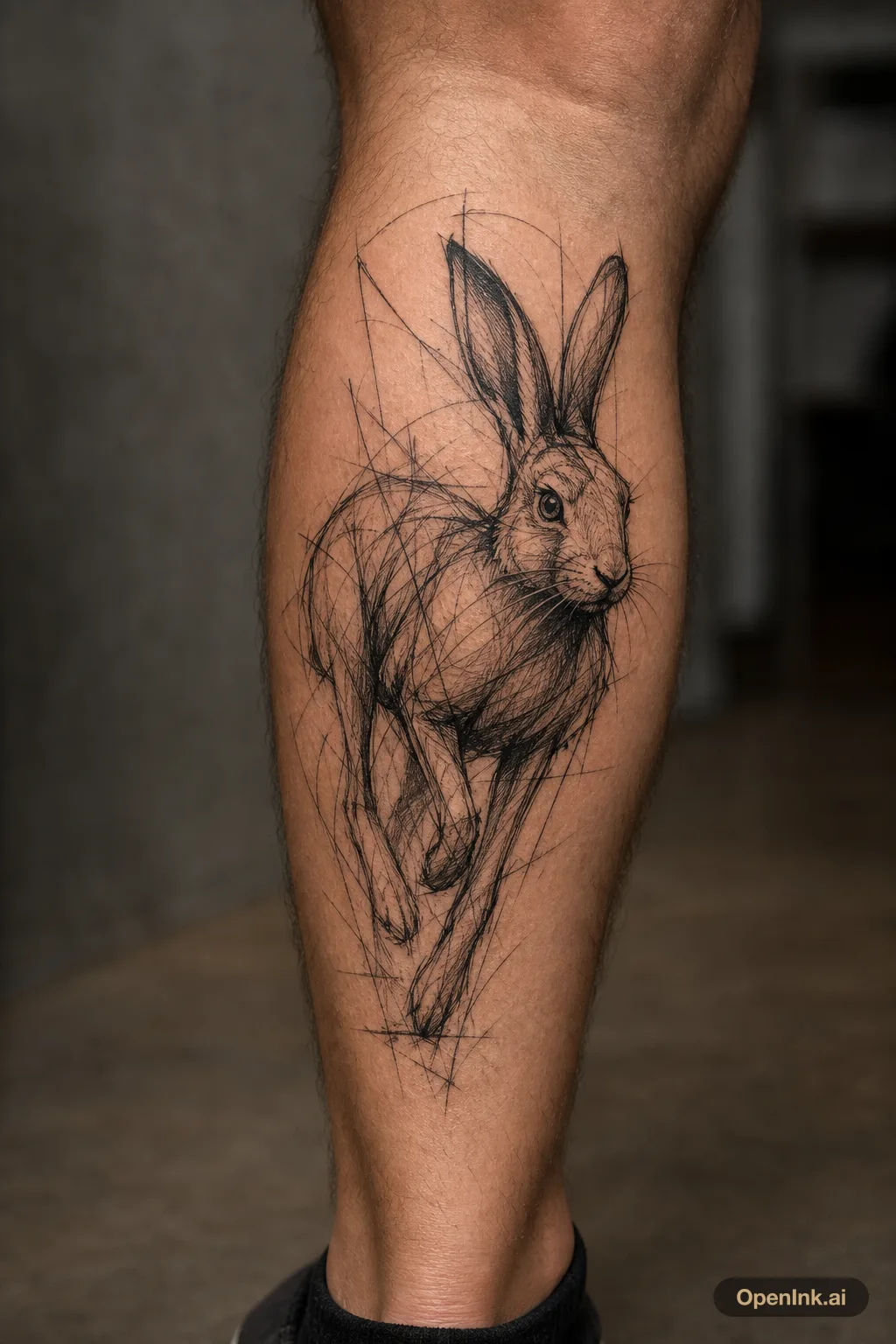 Sketch rabbit on the calf with loose construction lines, like a studio dr...