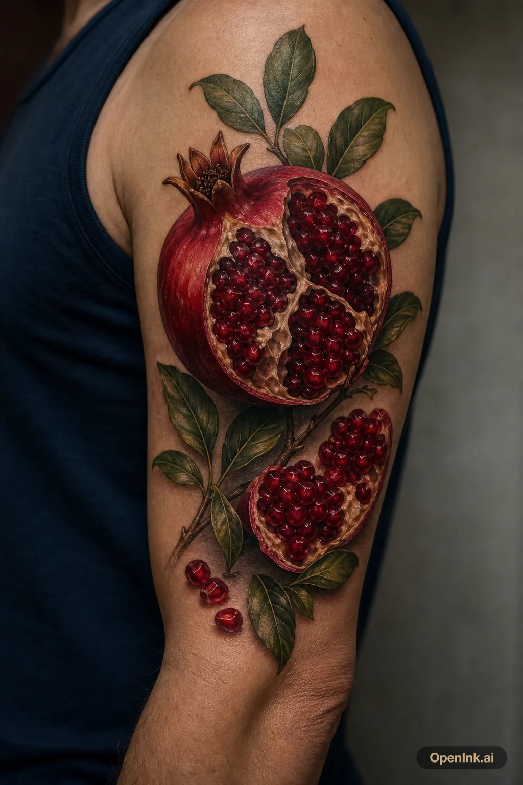 Granatapfel am Oberarm, realistisch, sattes Rot und natürliche Blätter.