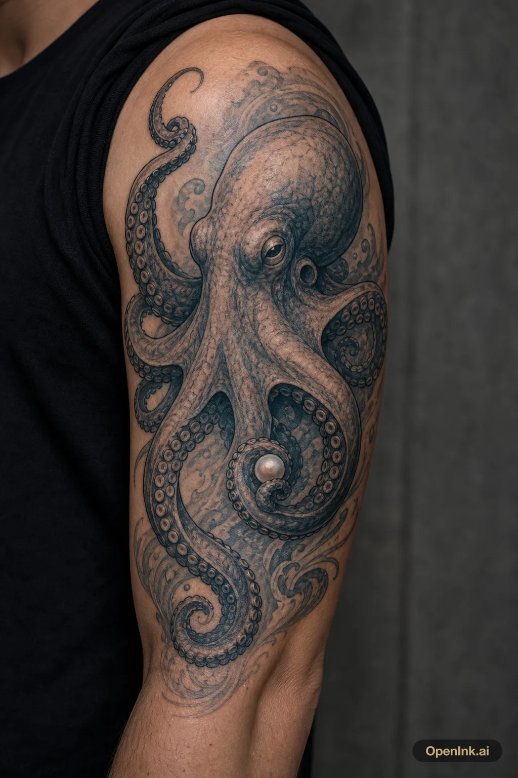 Oktopus mit Perle am Oberarm, schwarz-grau und sehr detailreich.