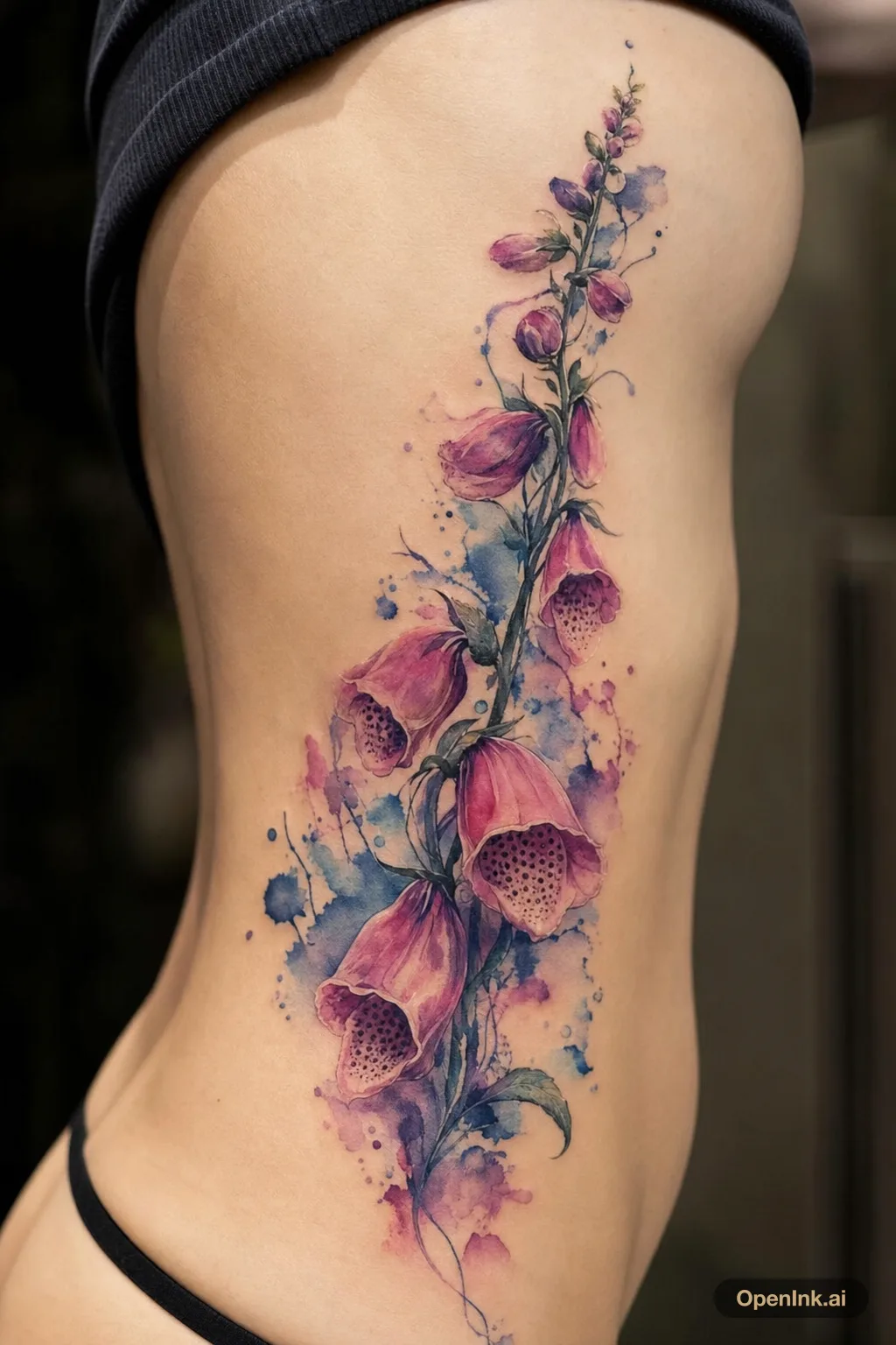 Watercolor foxglove stem running along the side ribs with blue splashes.