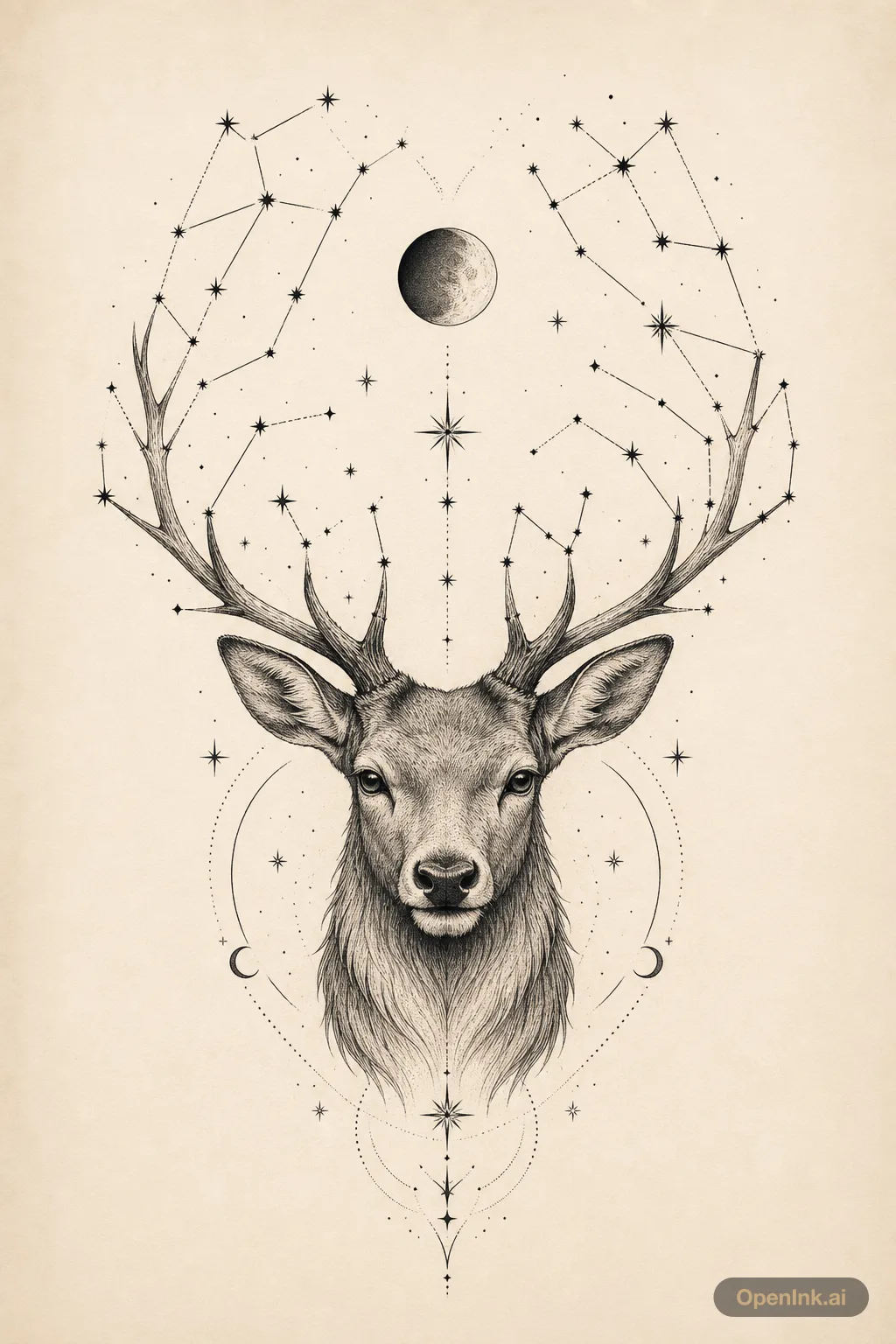 Constellation stag head with a crescent moon between the antlers for the...