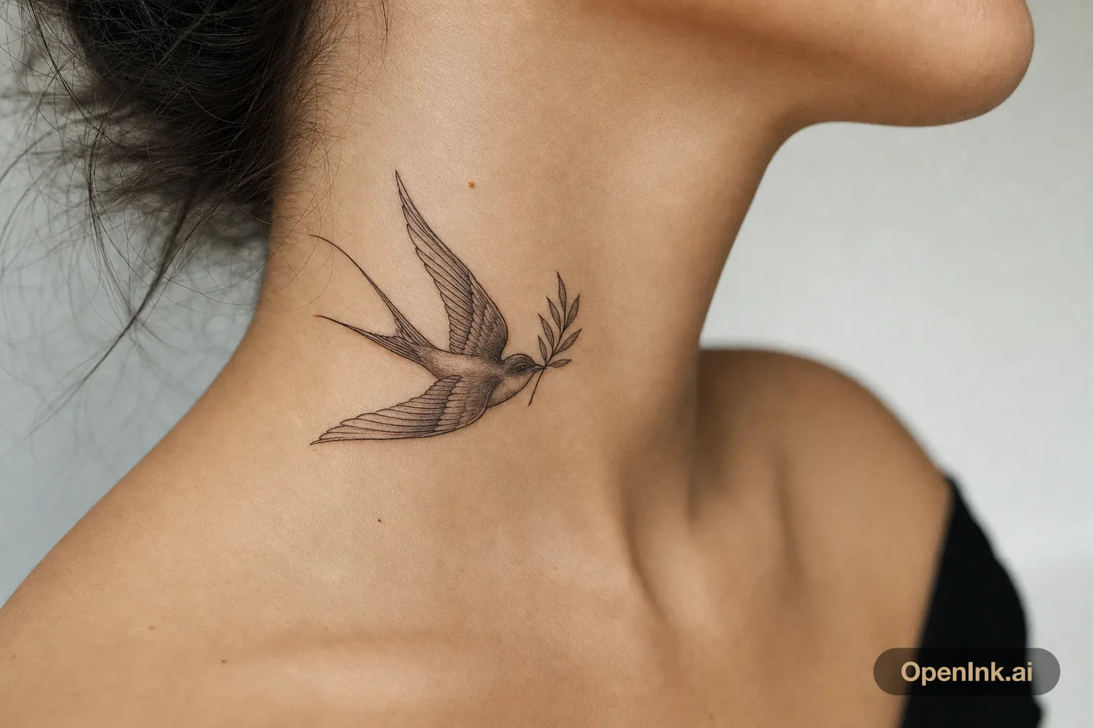 Tiny swallow on the side of the neck, soft sketch lines, not too dark.