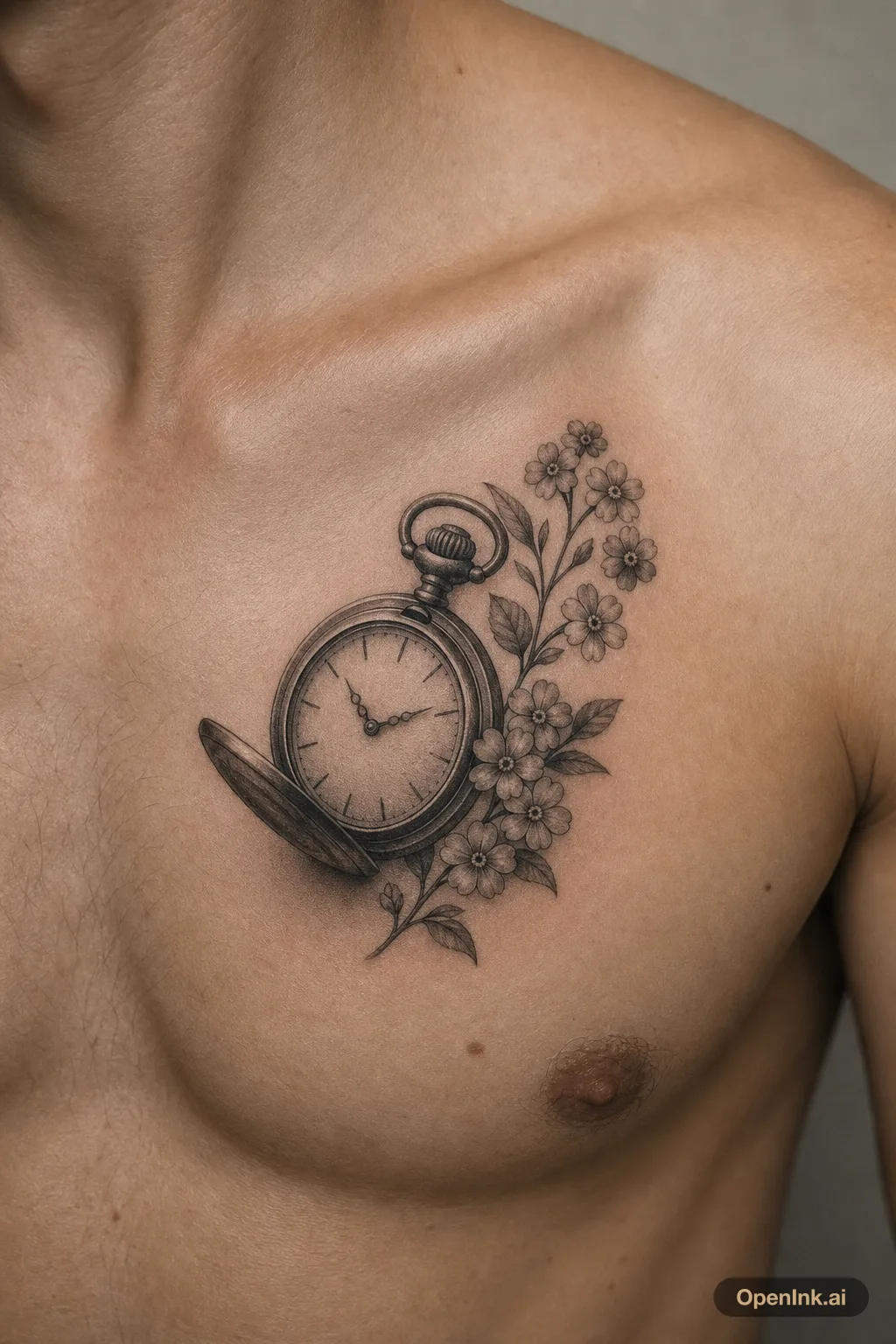 Taschenuhr mit kleinen Blüten auf der Brust, schwarz-grau und nostalgisch.