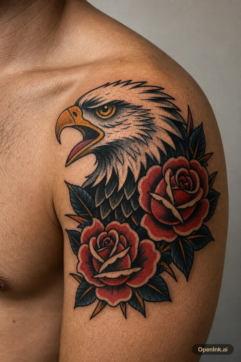 American traditional eagle head with red roses on the shoulder.