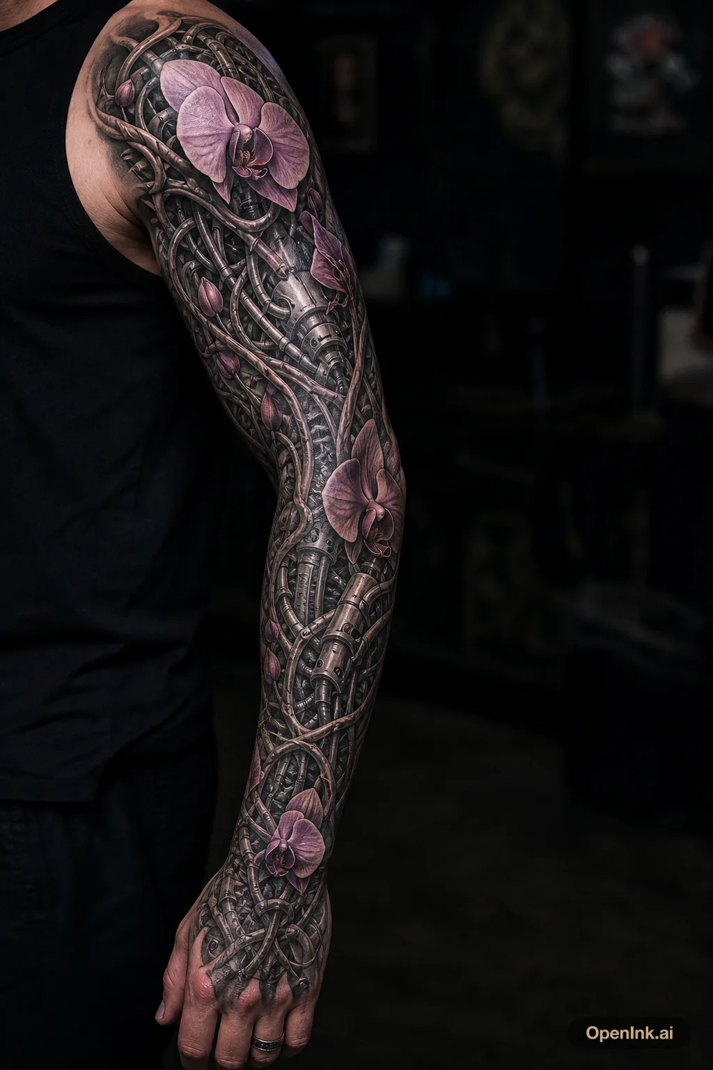 Biomechanischer Full Sleeve mit violetten Orchideen, dunkel aber elegant.