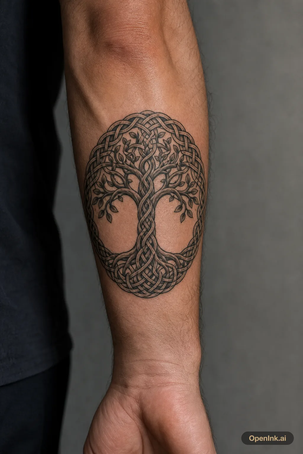 Celtic tree of life on the forearm with dense knotwork inside the branches.