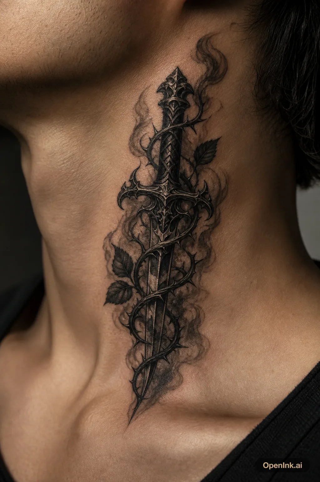Dark gothic dagger and thorn tattoo concept for the neck.