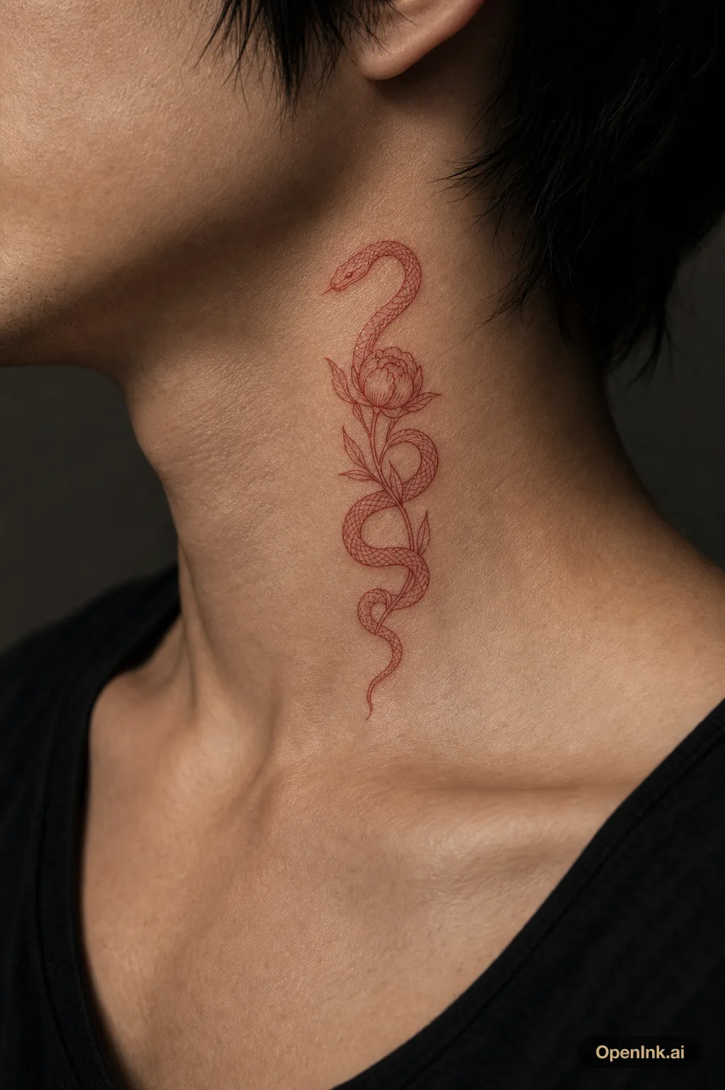 Rote-Tinte-Tattoo mit Schlange und Pfingstrosenknospe fuer den Hals.