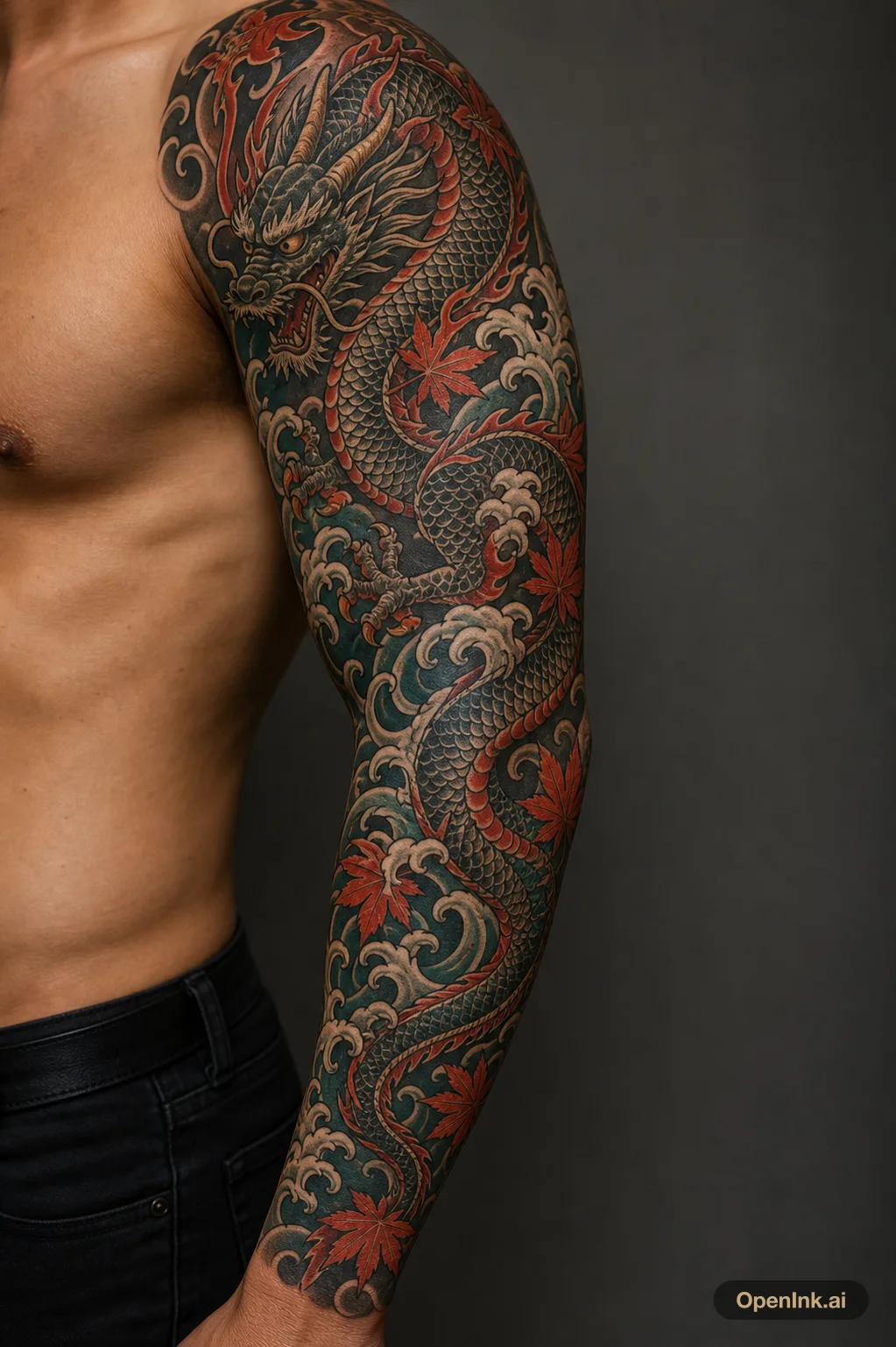 Japanese dragon, waves, and maple leaves tattoo concept for a full sleeve.