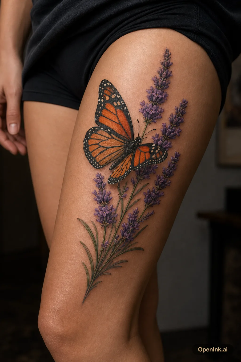 Color realism monarch butterfly and lavender tattoo concept for the thigh.