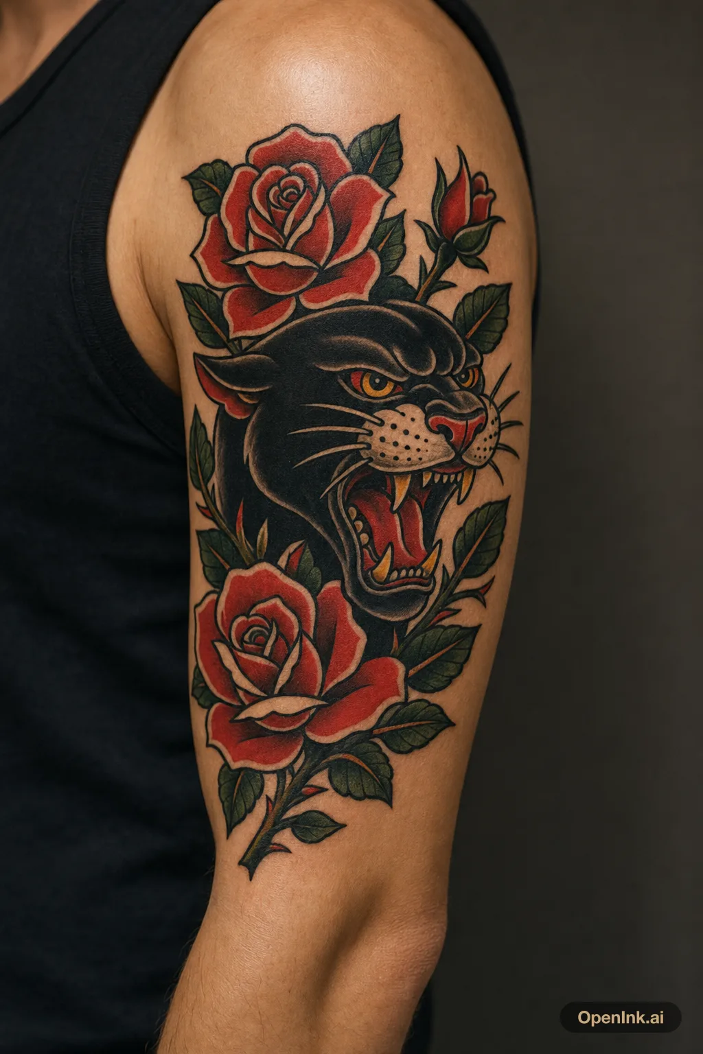 American-Traditional-Tattoo mit schwarzem Panther und Rosen fuer den Ober...