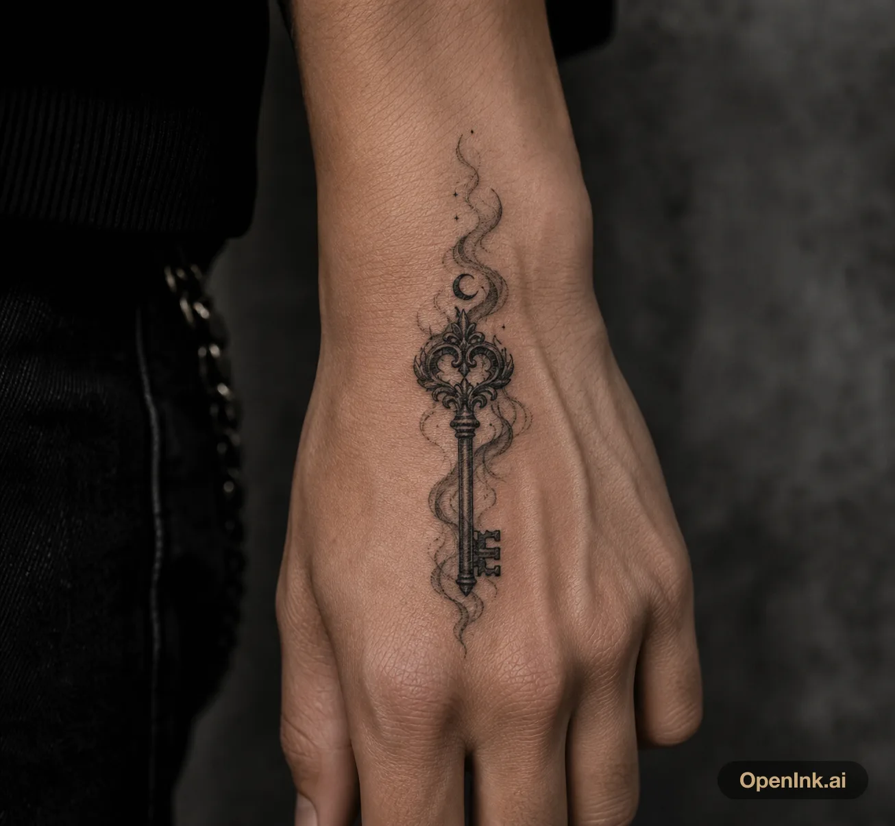 Dark gothic key, smoke, and crescent tattoo concept for the back of the h...