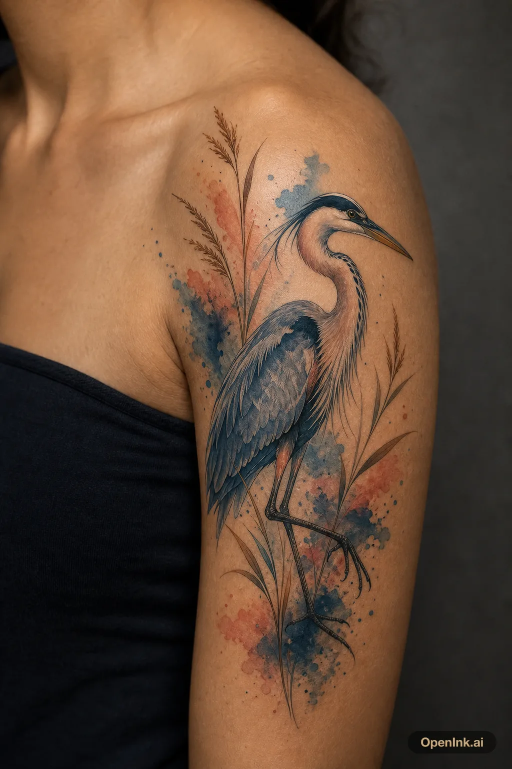 Watercolor blue heron and reed tattoo concept for the left shoulder.