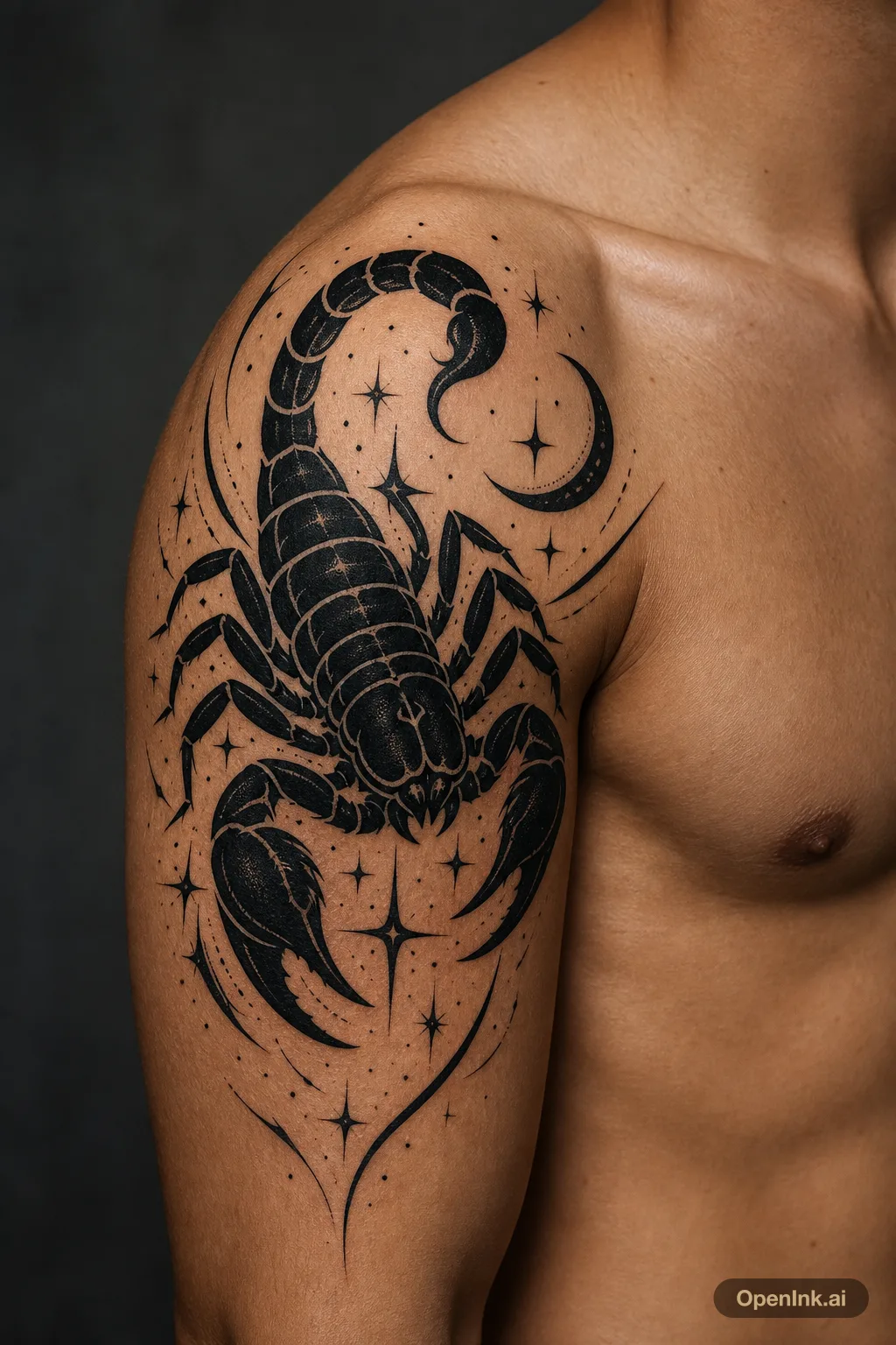 Blackwork-Tattoo mit Skorpion fuer die rechte Schulter.