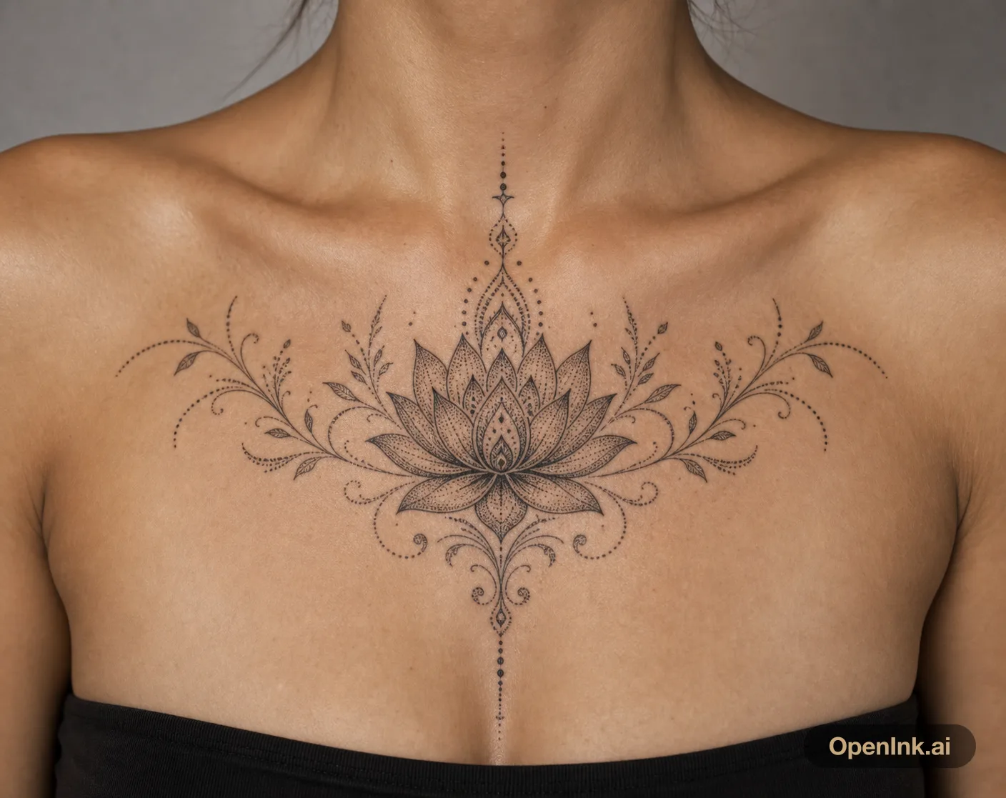Dotwork lotus mandala tattoo concept centered on the chest.