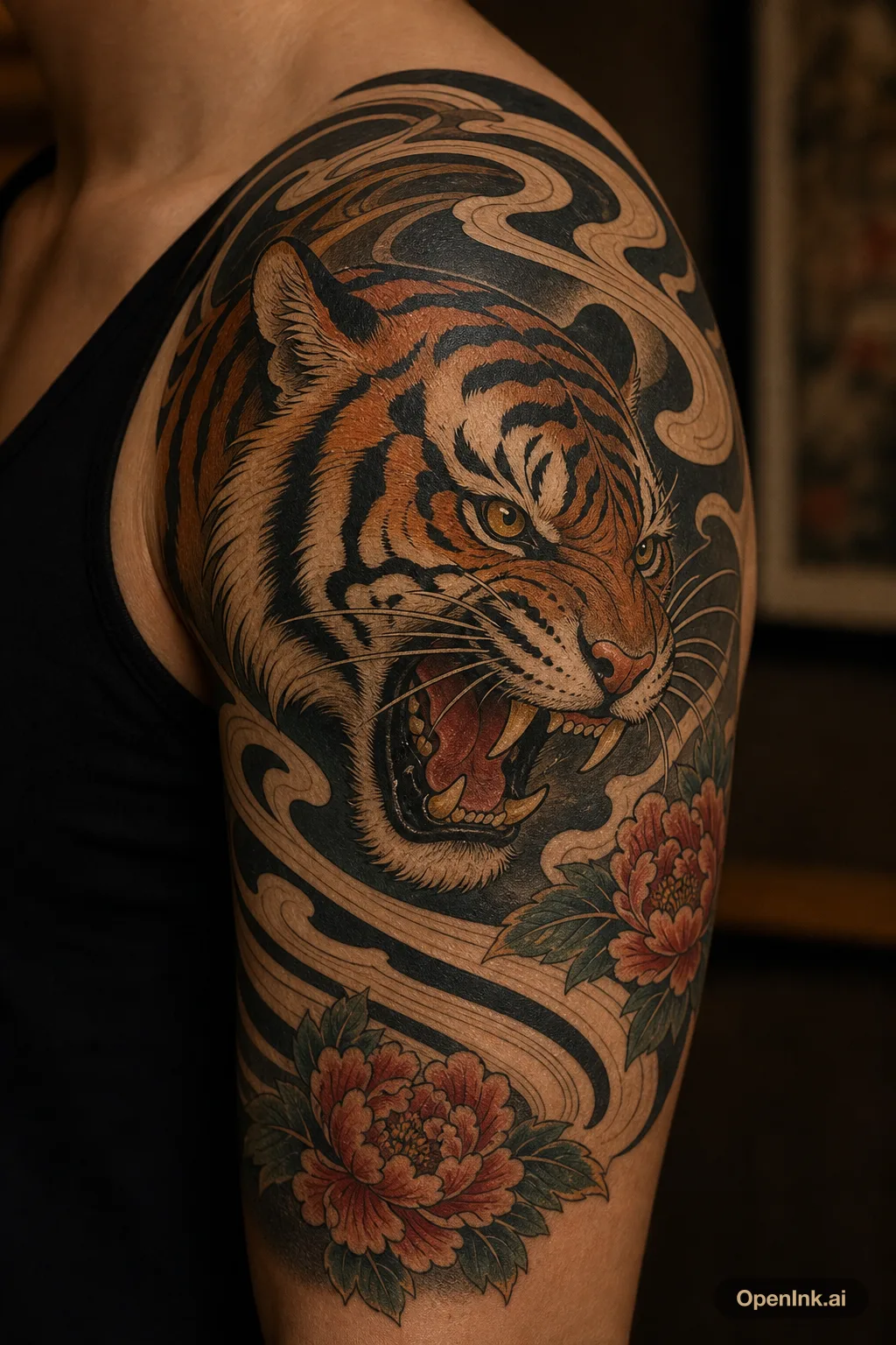 Ukiyo-e tiger tattoo concept for the right shoulder.