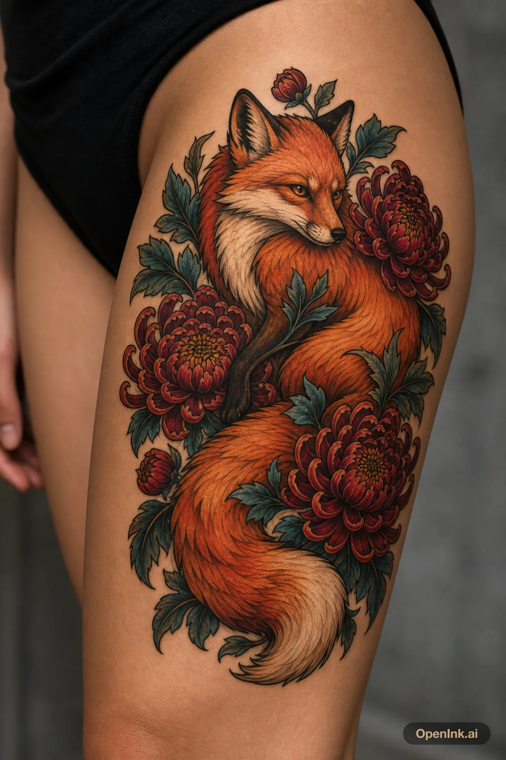Neo-Traditional-Tattoo mit Fuchs und Pfingstrosen fuer den Oberschenkel.