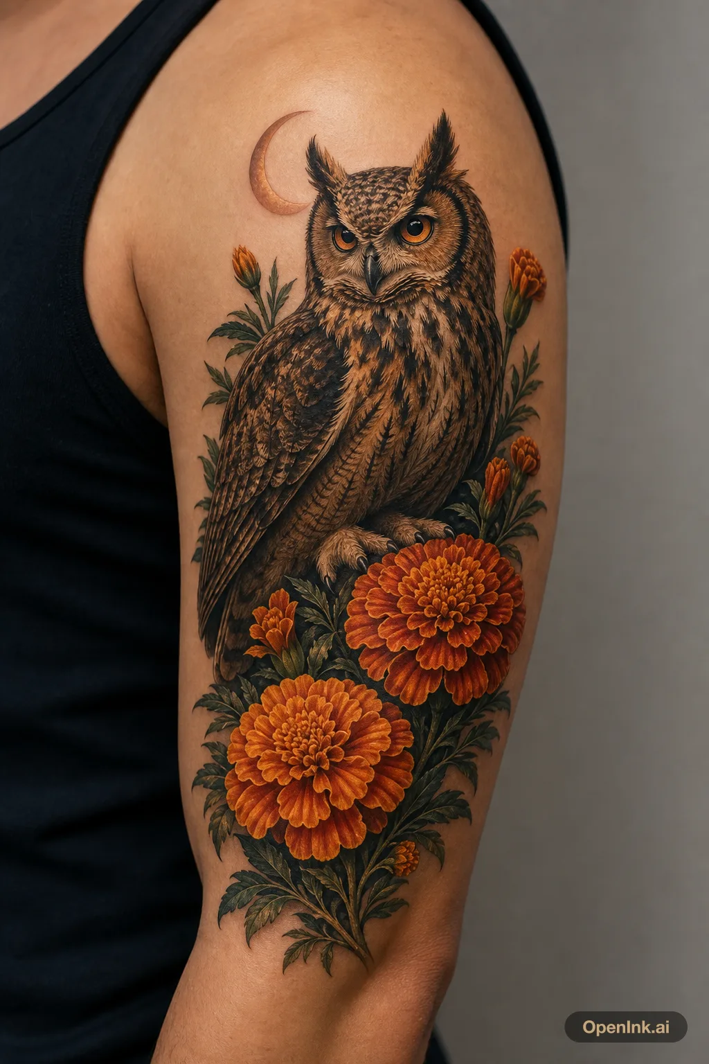 Color realism owl and marigold tattoo concept for the upper arm.