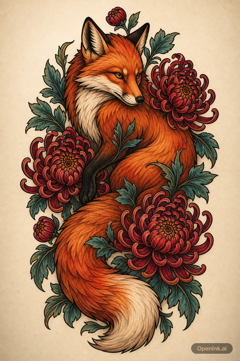 Neo traditional fox and peony tattoo concept for the thigh.