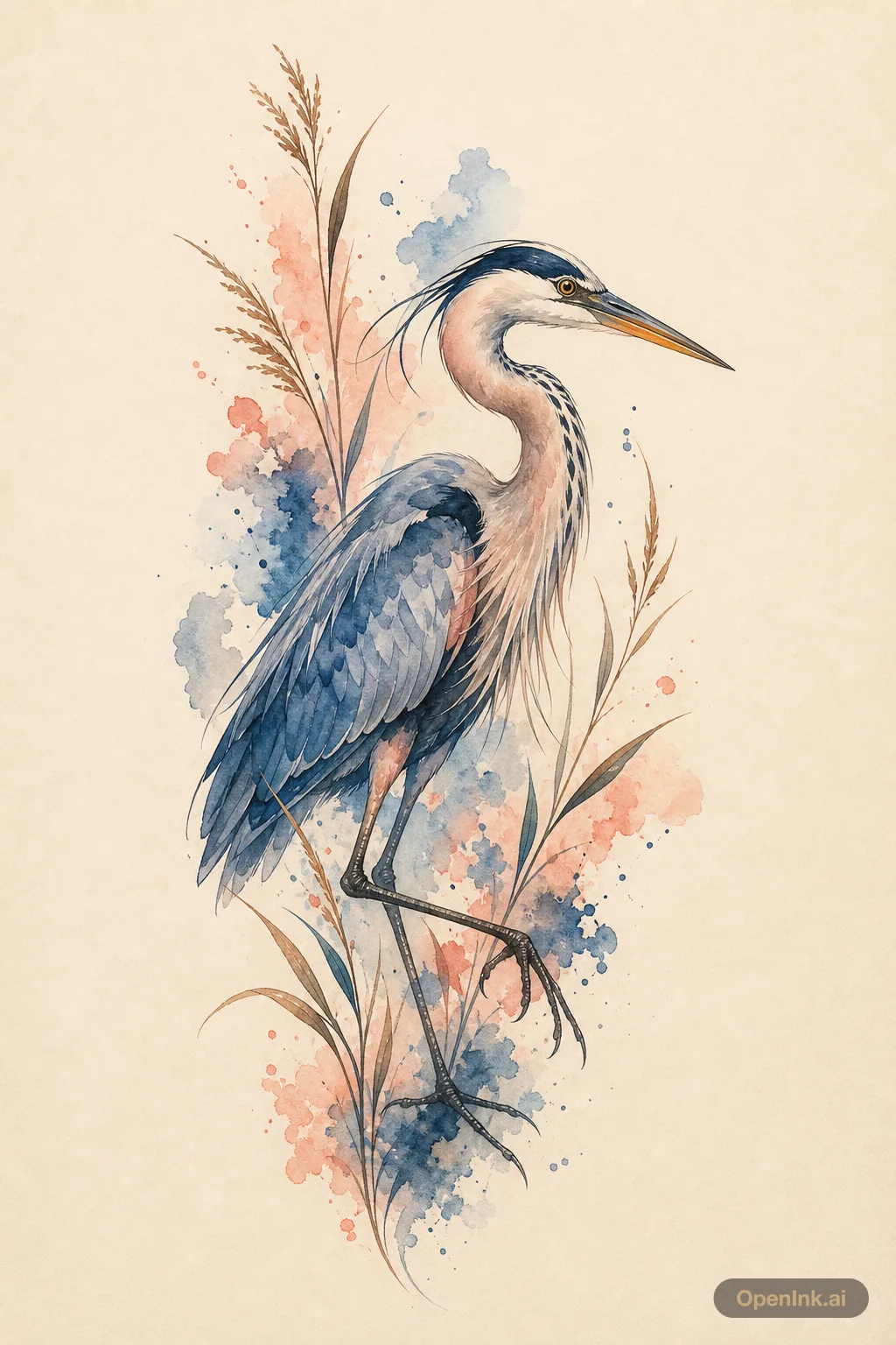 Aquarell-Tattoo mit blauem Reiher und Schilf fuer die linke Schulter.