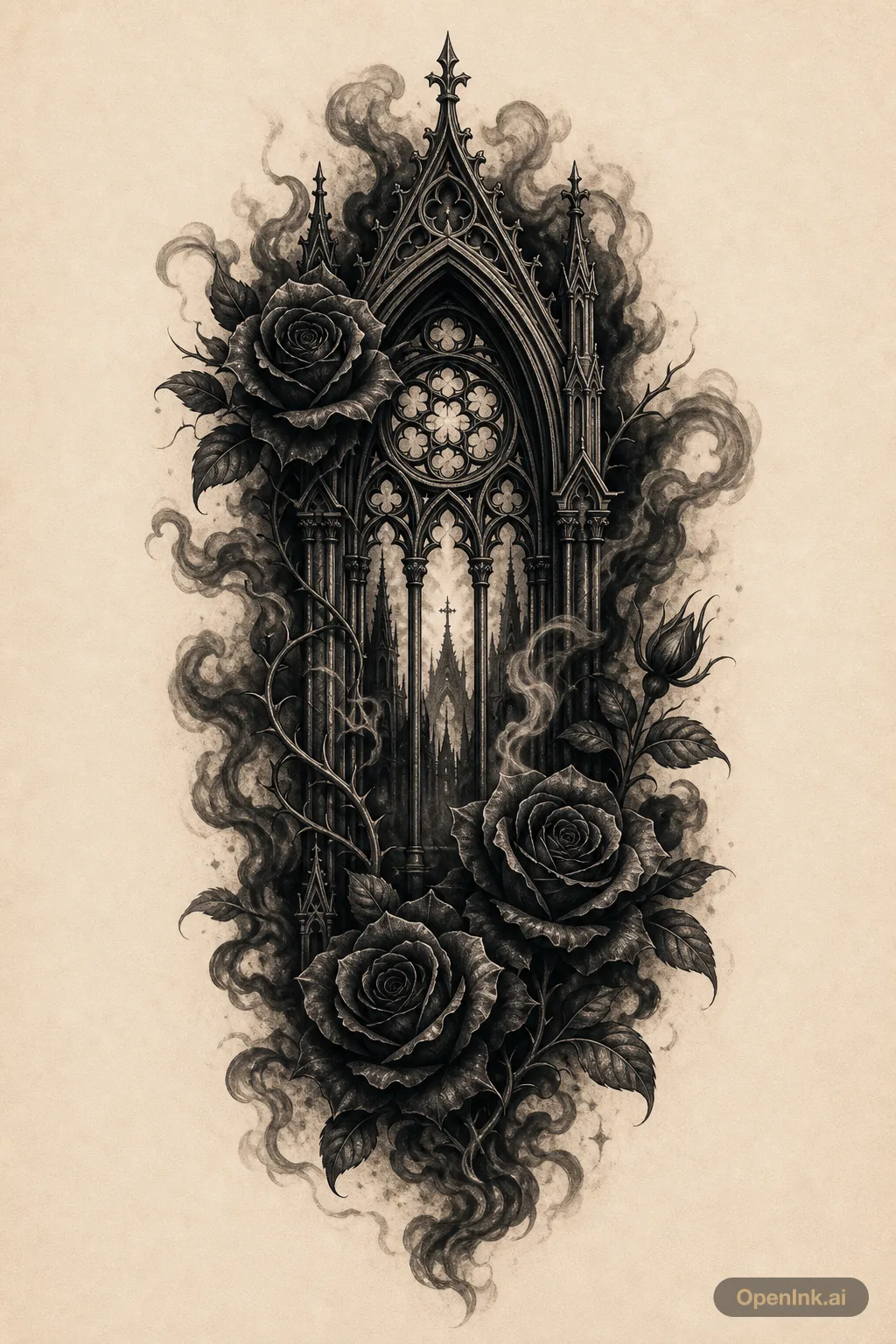Dark gothic cathedral and roses tattoo concept for the upper back.